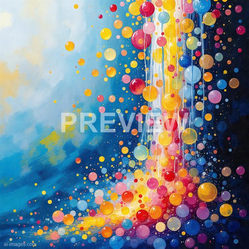 The image features an abstract composition with numerous colorful spheres of varying sizes, creating a dynamic and vibrant scene. The spheres appear to be falling or exploding from a central point, with bright streaks of yellow, orange, and white radiating outward against a contrasting background that transitions from light blue on the left to dark blue and black on the right. The overall effect is energetic and visually stimulating, resembling a burst of light or an explosion of colors.